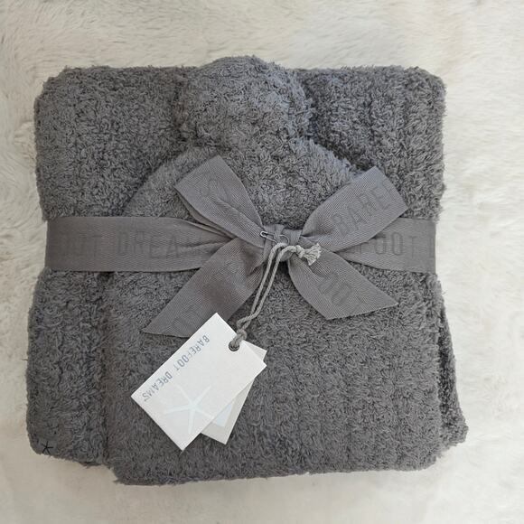 Barefoot Dreams CozyChic Pom Pom Beanie & Oversized Scarf Set Charcoal Gray NWT